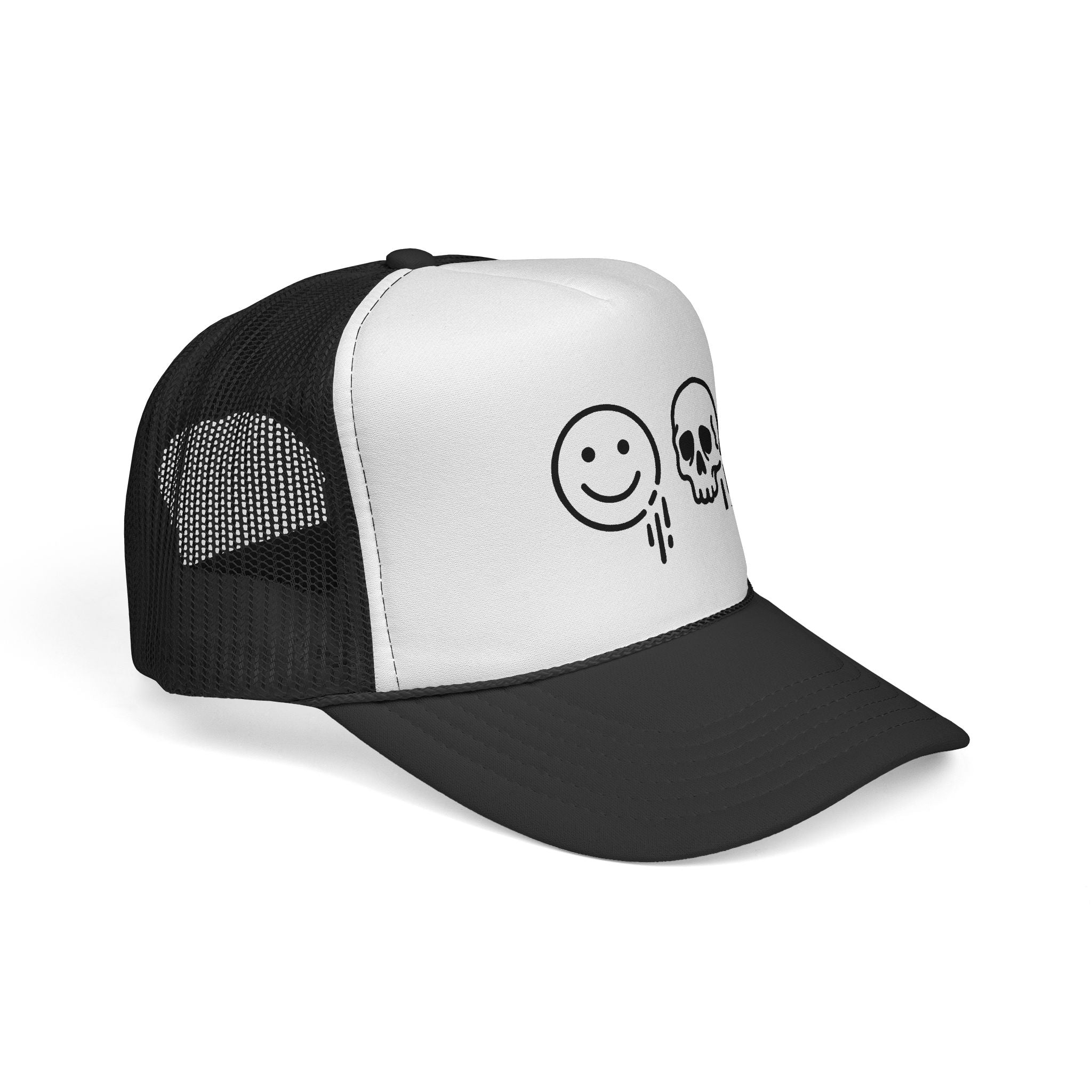 Smiley And Skull Drip Trucker Hat — Edgy Contrast Mesh Cap