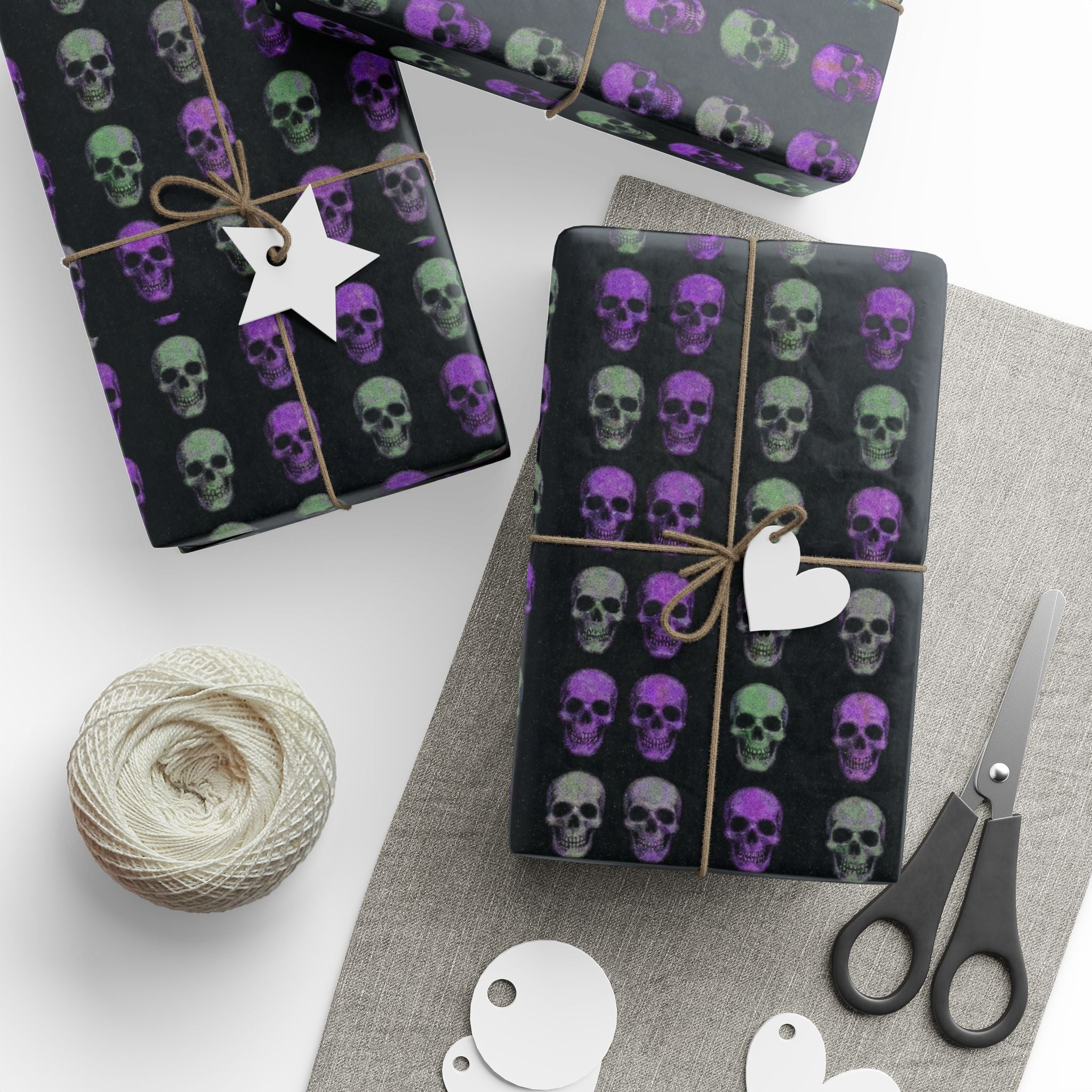 Skull Pattern Wrapping Paper – Purple & Green Gothic Gift Wrap for Halloween