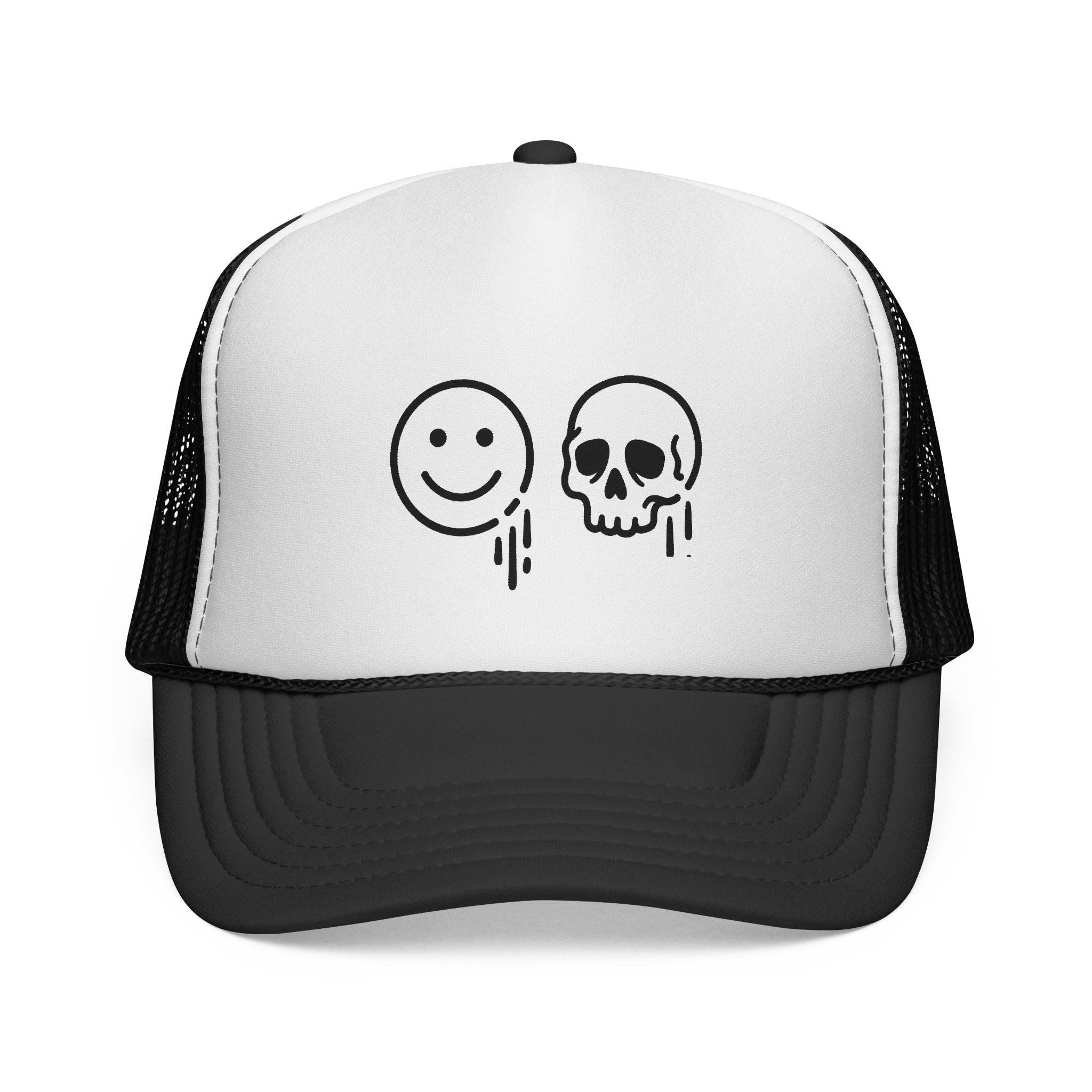 Smiley And Skull Drip Trucker Hat — Edgy Contrast Mesh Cap