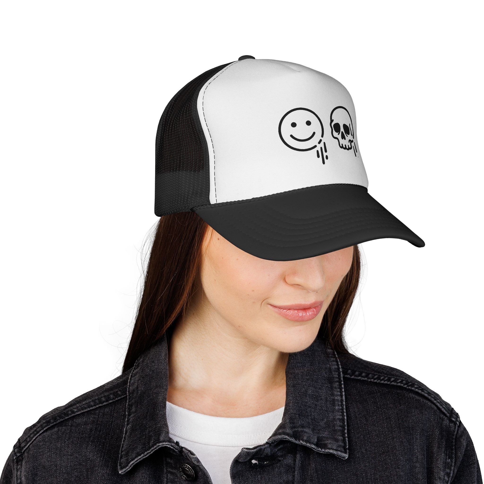 Smiley And Skull Drip Trucker Hat — Edgy Contrast Mesh Cap