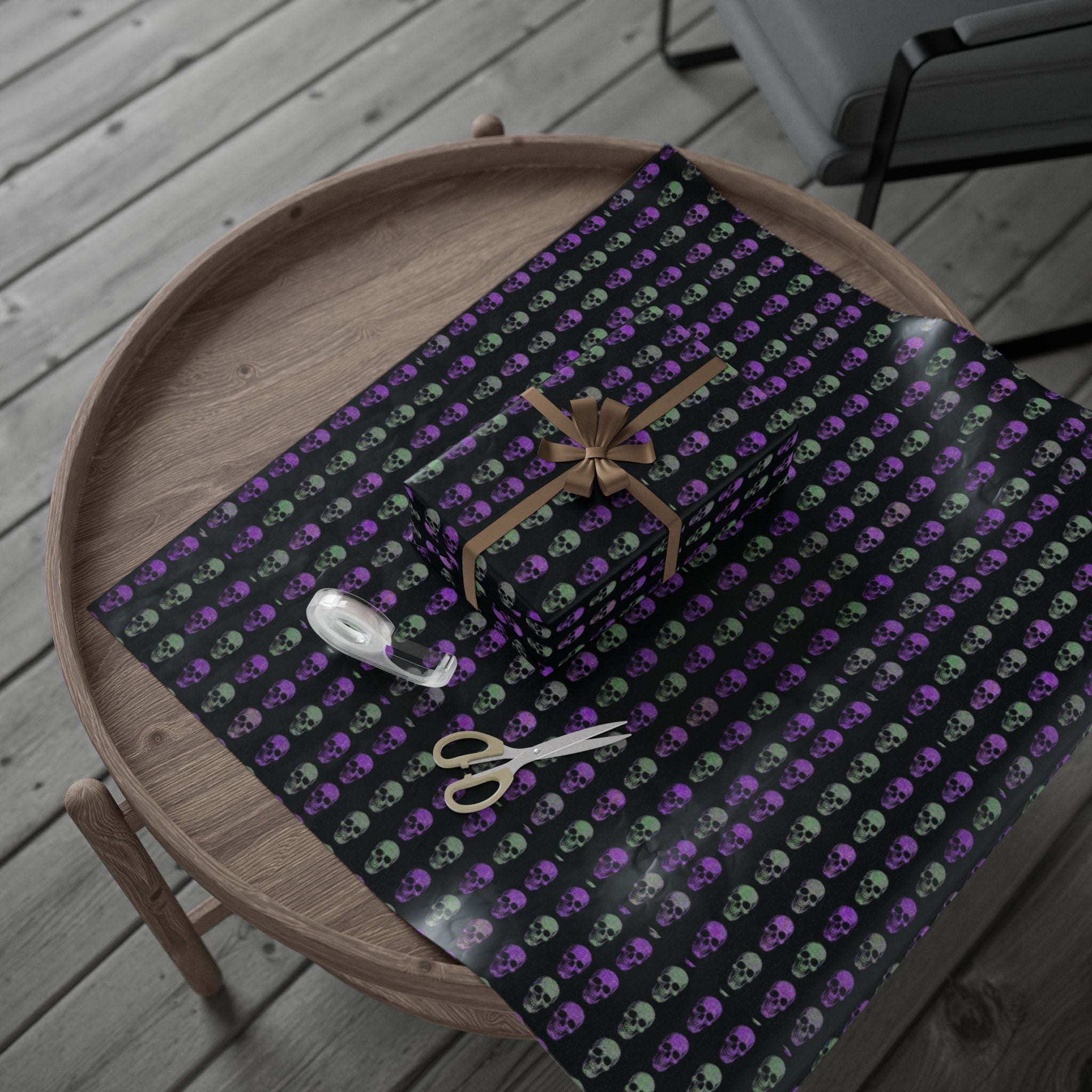 Skull Pattern Wrapping Paper – Purple & Green Gothic Gift Wrap for Halloween