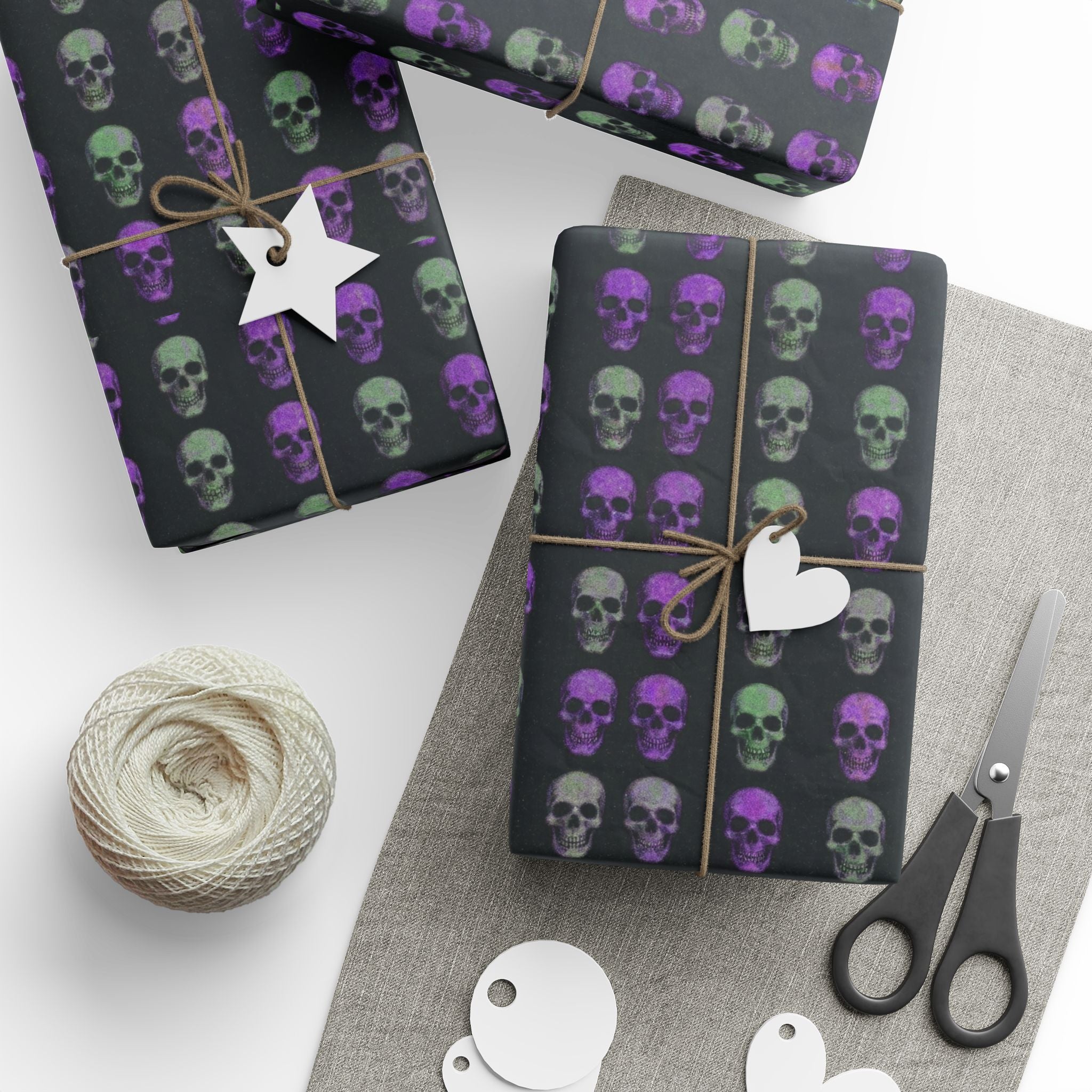 Skull Pattern Wrapping Paper – Purple & Green Gothic Gift Wrap for Halloween